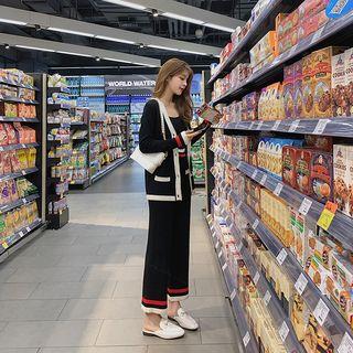 Set: Contrast Trim Cardigan + Cropped Knit Wide-leg Pants