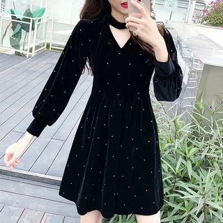 Puff-sleeve Beaded Pleuche A-line Dress