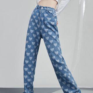 High Waist Heart Print Loose Fit Jeans