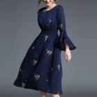 3/4-sleeve Embroidered Midi Dress