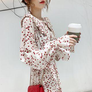 Long-sleeves Heart Print A-line Midi Dress White - One Size