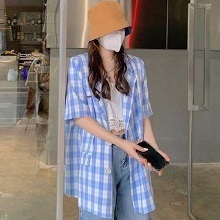 Short-sleeve Plaid Double-breasted Blazer Blue & White - One Size