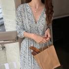 V-neck Floral Print Long-sleeve Dress Floral - Blue - One Size