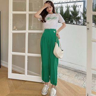 Printed T-shirt / Drawstring Straight-cut Dress Pants