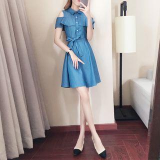 Cut Out Shoulder Denim Short Sleeve Dress