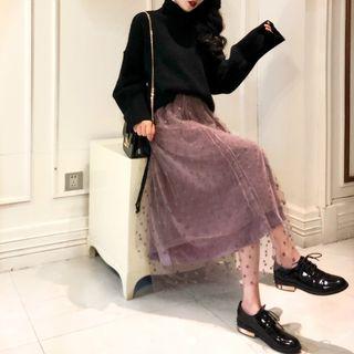 Plain Turtle-neck Loose-fit Sweater / Dot Mesh Skirt