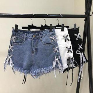 Frayed Lace Up Denim Hot Pants