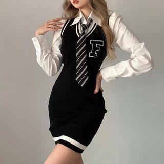Set: V-neck Lettering Sweater Vest Dress + White Shirt With Tie
