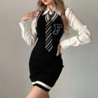 Set: V-neck Lettering Sweater Vest Dress + White Shirt With Tie