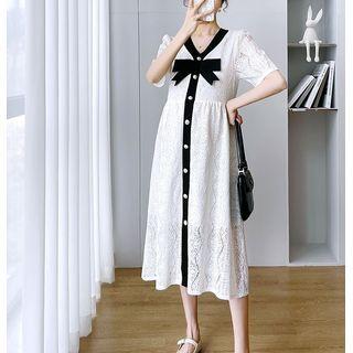Asymmetrical Puff-sleeve Bow Midi A-line Lace Dress