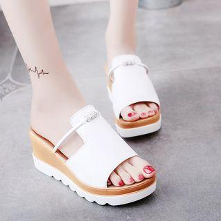 Rhinestone Faux-leather Platform Slide Sandals