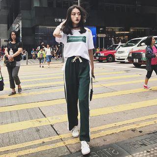 Set: Lettering Cut Out Shoulder Short-sleeve T-shirt + Wide Leg Pants