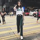 Set: Lettering Cut Out Shoulder Short-sleeve T-shirt + Wide Leg Pants