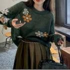 Long-sleeve Drop Shoulder Flower Print Loose Fit Knit Top Green - One Size