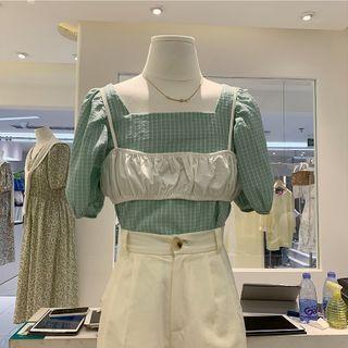 Set : Square-neck Puff Short-sleeve Plaid Top + Plain Camisole Top