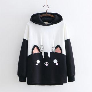 Two-tone Cat Print Hoodie Black & White - One Size