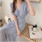 Floral Short-sleeve V-neck Ruffle Hem Midi Sheath Dress