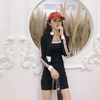 Set: Striped Spaghetti Strap Dress + Cropped Zip Jacket