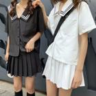 Contrast Trim Sailor Collar Elbow-sleeve Shirt / Mini Pleated Skirt