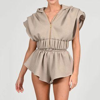 Set: Cap-sleeve Hooded Jacket + Shorts