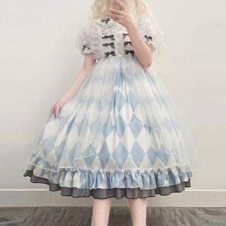 Puff-sleeve Collared Top / Argyle A-line Dress / Mesh Overlay