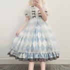 Puff-sleeve Collared Top / Argyle A-line Dress / Mesh Overlay