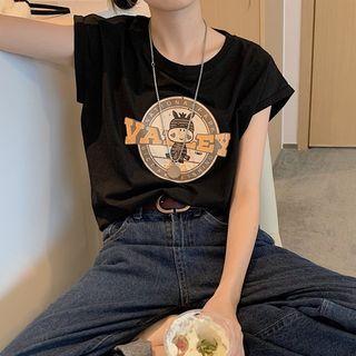 Cap-sleeve Cartoon Print T-shirt