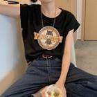 Cap-sleeve Cartoon Print T-shirt