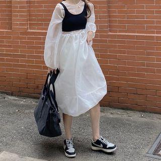 Set: Long-sleeve Midi A-line Dress + Vest Dress - White & Vest - Black - One Size