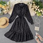 Dotted Tie-neck Long-sleeve A-line Midi Dress Black - L