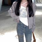 Long-sleeve Embroidered Plaid Jacket / Long-sleeve Square-neck Printed T-shirt / High-waist Lace-up Slit Jeans