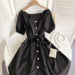 Short-sleeve Square Neck Button-up A-line Dress