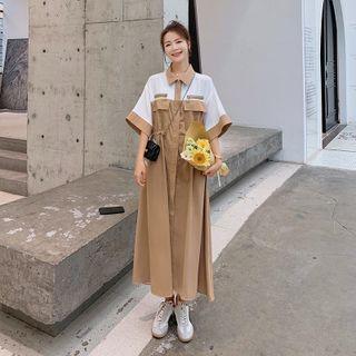 Short Sleeve Two Tone Midi A-line Shirtdress