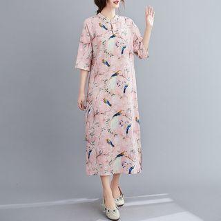 Bird Print Mandarin Collar Elbow-sleeve Maxi A-line Dress