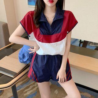 Set: Half-zipper Colorblock Top + High-waist Shorts