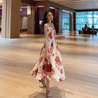 Flower Print A-line Dress / High Waist A-line Skirt