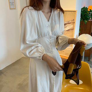 Plain V-neck Single-breasted Short-sleeve Dress Almond - One Size