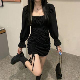 Square-neck Plain Pleated Skinny Mini Dress