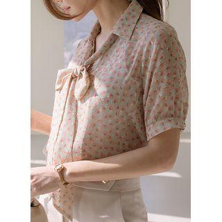Collared V-neck Patterned Blouse With Sash Mint Green - One Size