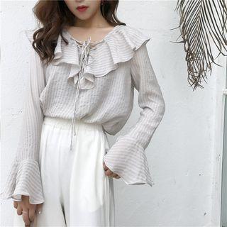 Striped Ruffled Lace-up Blouse
