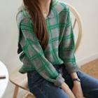 Sailor-collar Checked Knit Top Gray - One Size