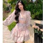 Balloon-sleeve Floral Cropped Blouse / Mini A-line Skirt / Set