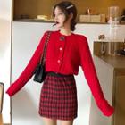 Cable-knit Cardigan/ Plaid Mini A-line Skirt