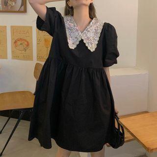 Puff-sleeve Floral Collar Oversized Dress Black - One Size