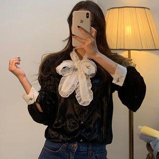 Bow Accent Velvet Blouse Black - One Size