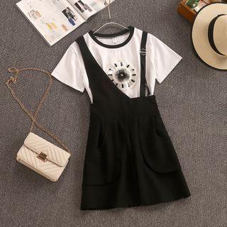 Set: Applique Short-sleeve T-shirt + Mini Suspender Skirt