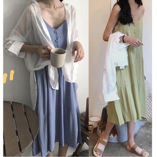 Plain Spaghetti Strap Midi Dress / Plain Shirt