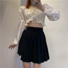 Puff-sleeve Cropped Blouse / Pleated Mini A-line Skirt