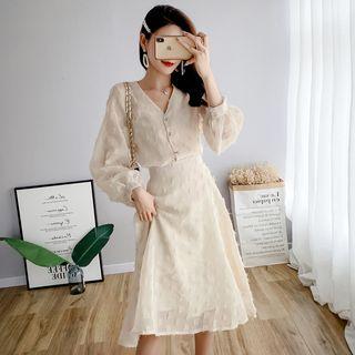 Set: Balloon-sleeve V-neck Blouse + A-line Skirt