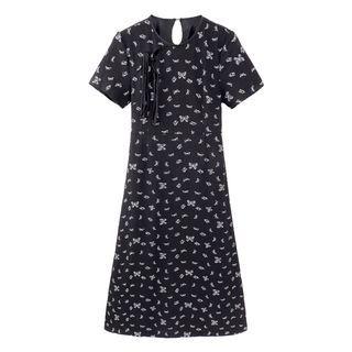 Short-sleeve Cutout Slit Butterfly Printed Dress